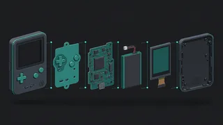 Every part of a handheld console, floating, in the correct order
